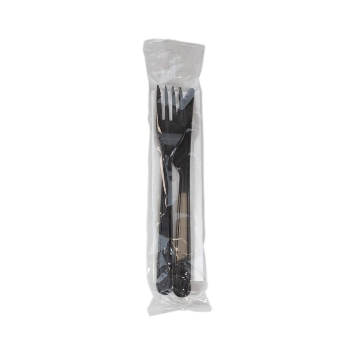 PS Premium 2 Black Set of 200, fork + knife + napkin in foil, REUSABLE