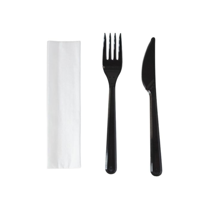 PS Premium 2 Black Set of 200, fork + knife + napkin in foil, REUSABLE