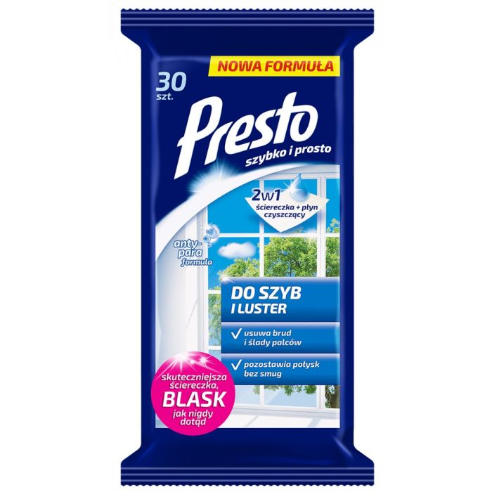 Wet wipes PRESTO, for windows and mirrors, 30pcs, white