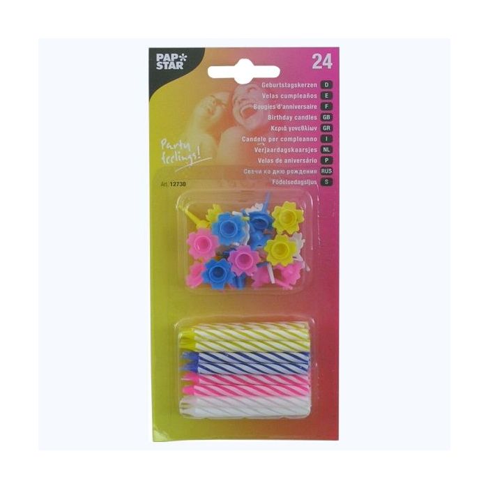 Birthday candles mix colours, pack of 24 with bases, 6 cm PAPSTAR