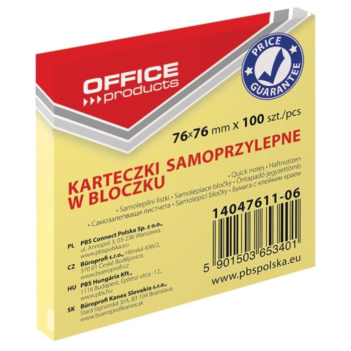 Self-adhesive Pad OFFICE PRODUCTS, 76x76mm, 100 sheets, light yellow
