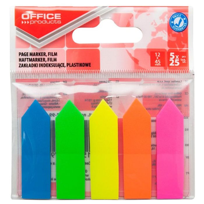 Filing Index Tabs OFFICE PRODUCTS, arrow, PP, 12x45 mm, 5x25 tabs, polybag, assorted colors