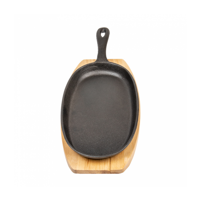 Żeliwny półmisek z drewnianą podstawą owalny 23,5x13,5 cm