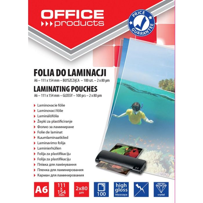 Laminating film, OFFICE PRODUCTS, A6, 2x80micr, glossy, 100pcs, transparent