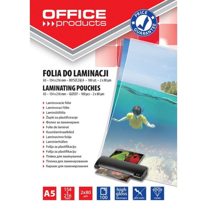 Lamination foil, OFFICE PRODUCYS, A5, 2x80 micr; glossy, 100 pcs, transparent
