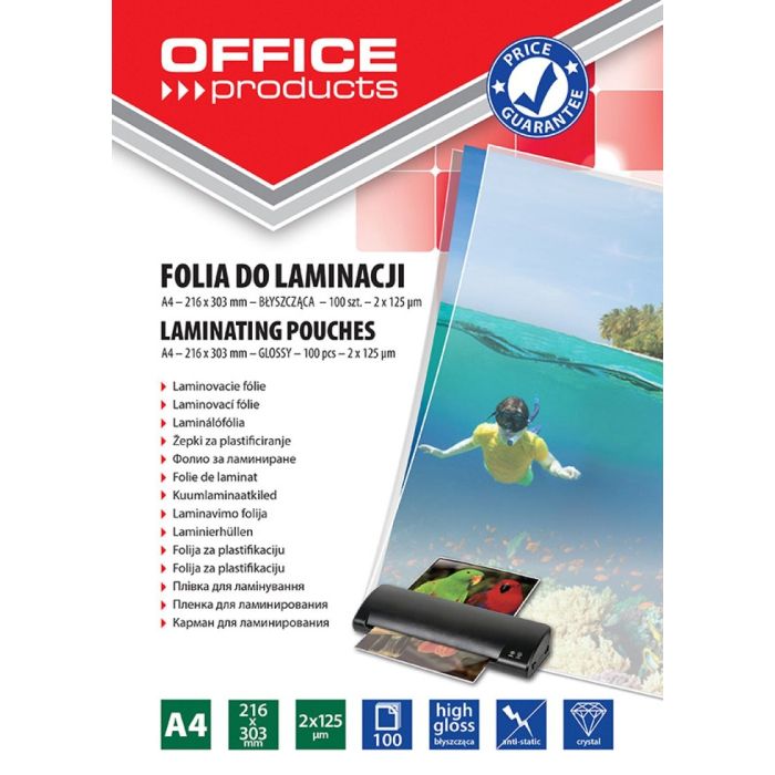 Lamination foil, OFFICE PRODUCYS, A4, 2x125 micr; glossy, 100 pcs, transparent