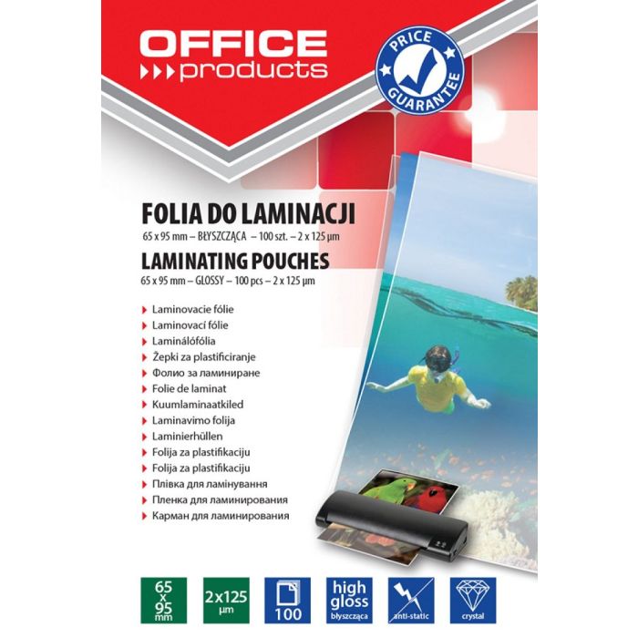 Lamination foil, OFFICE PRODUCYS, 65x95, 2x125 micr; glossy, 100 pcs, transparent
