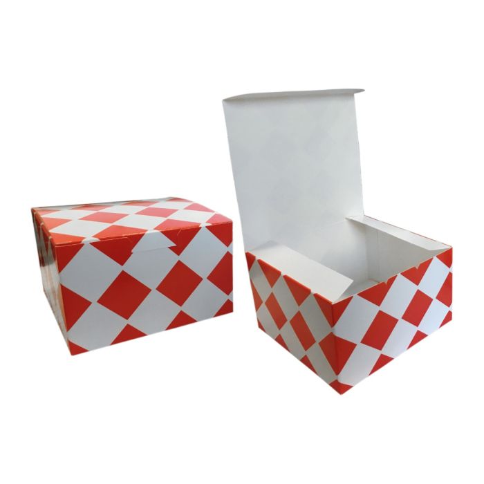 Pudełko BURGER, KURCZAK, NUGGETS, rozmiar 130x130x80mm,, nadruk KRATKA CZERWONA, cena za opakowanie 100szt