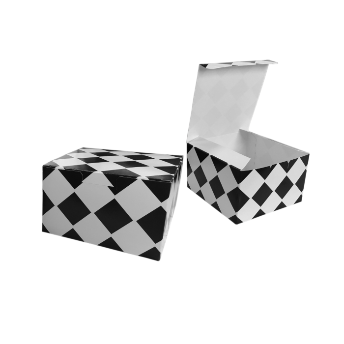Hamburger box, black grid, size 130x130x80mm, price per pack 100 pieces