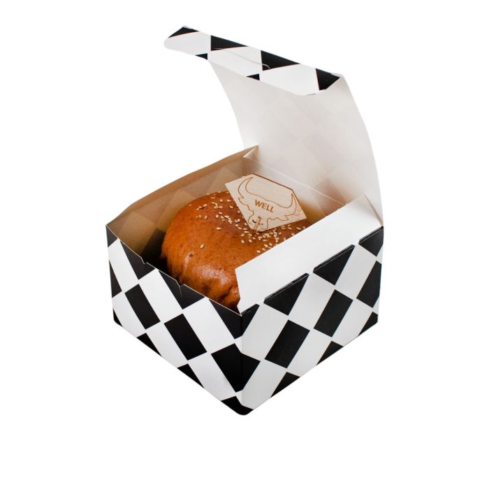 Hamburger box, black grid, size 130x130x80mm, price per pack 100 pieces