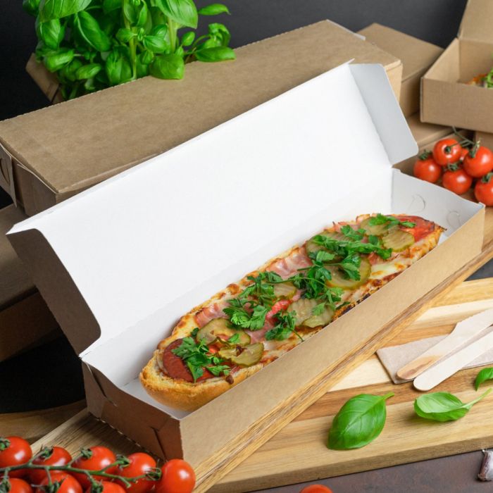 Pudełko ZAPIEKANKA brązowe, bez nadruku rozmiar: 380x110x50, cena za opakowanie 100szt.