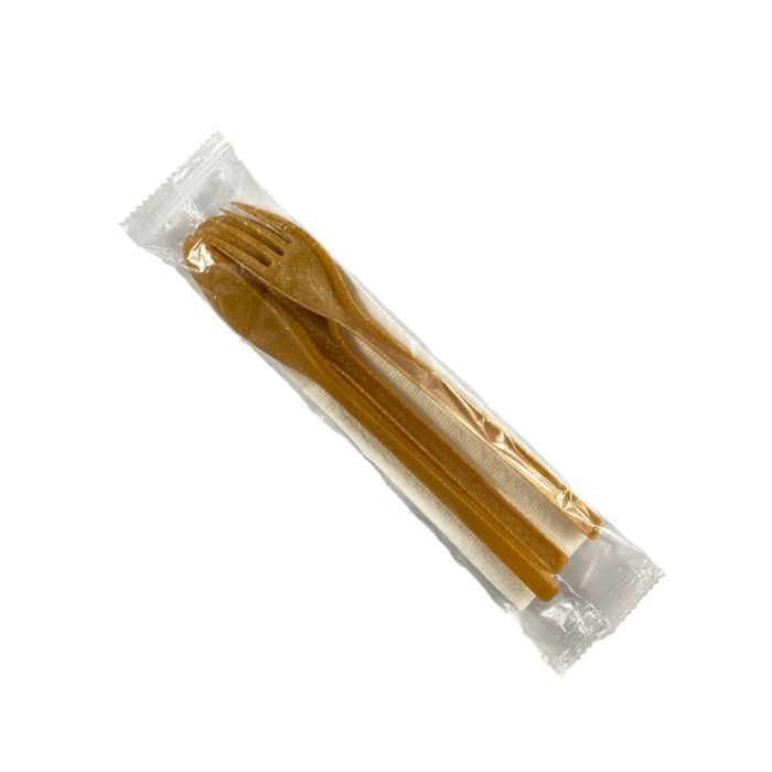 Confectionery WPC 1 wood fibre, fork+knife+spoon+napkin in foil, 200 pcs