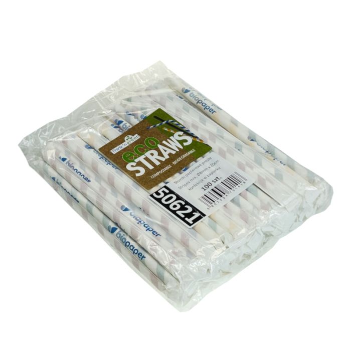 Wrapped paper straws, 200x8mm, stripes mix, 30x100