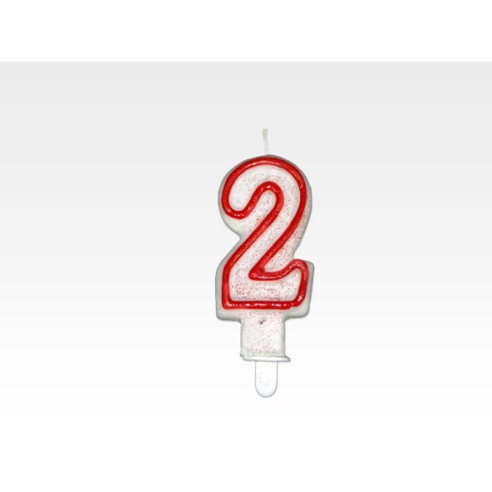 Candle - NUMBER 2", red rim with glitter, price per 1 piece."