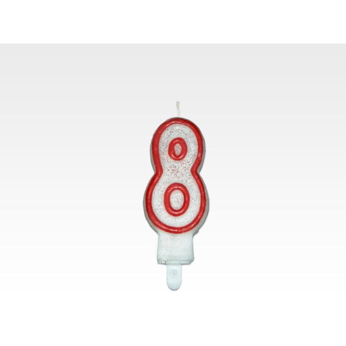 Candle - NUMBER 8", red rim with glitter, price per 1 piece."