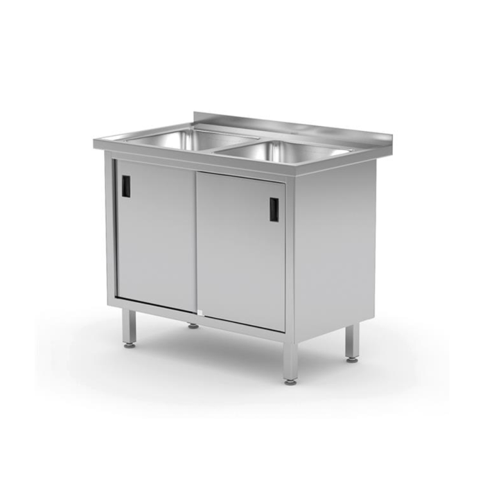 A table with two sinks and a cabinet with sliding doors, measuring 1000 x 600 x 850 mm