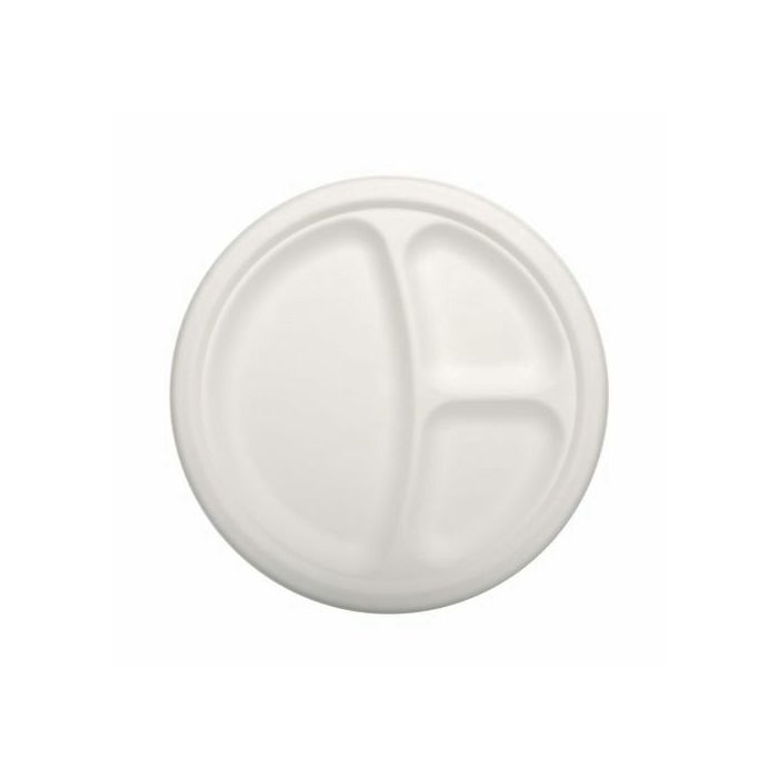 Sugar cane plate, round diameter 23xh.2cm 3-chambers, white pkg. 50 pcs.