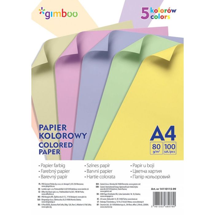 Coloured paper, GIMBOO, A4, 100 sheets, 80 gsm, 5 pastel colours