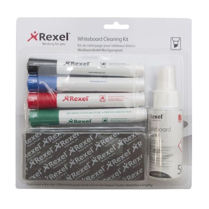 REXEL board kit, includes spray, non-magnetic sponge and 4 markers