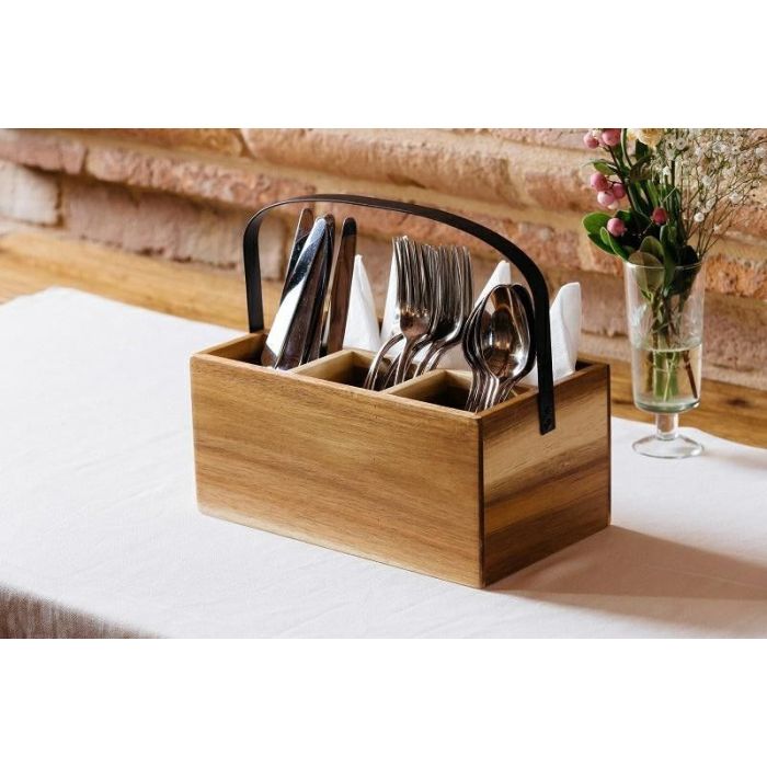 Acacia - cutlery and napkin case 4 compartments, with handle, 26x15x(h)11,7cm, 1pc. (8)