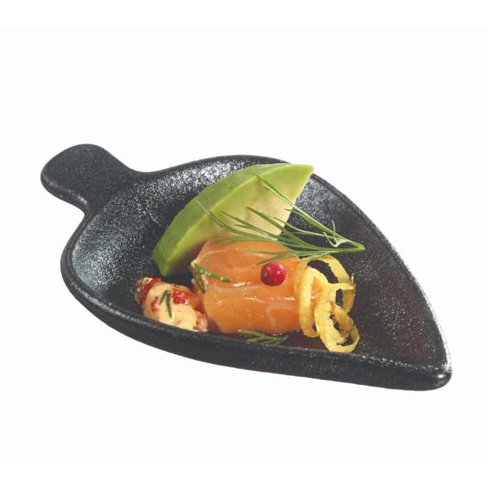 Finger food porcelain leaf plate 96x60mm black, op.12pcs. (k/12)