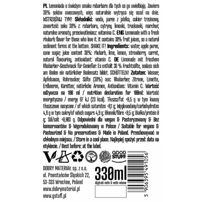 DOBRY MATERIAŁ napój z Rabarbara 330ml (k/12)