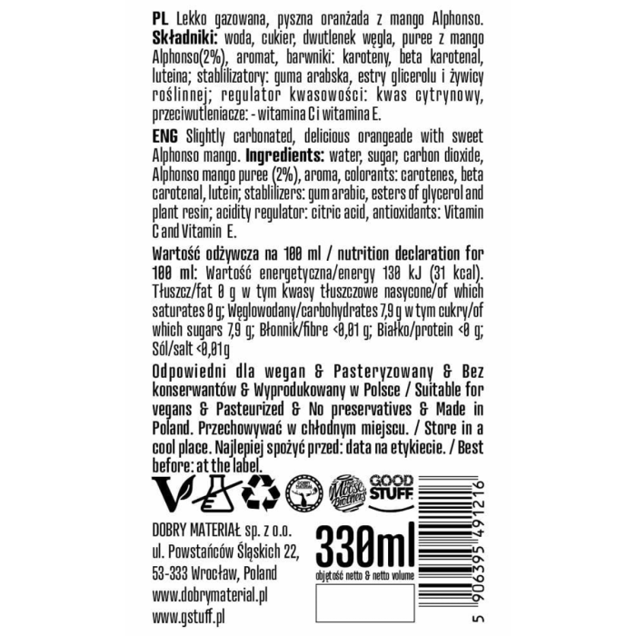 DOBRY MATERIAŁ napój lekko gazowany Mangooo 330ml (k/12)