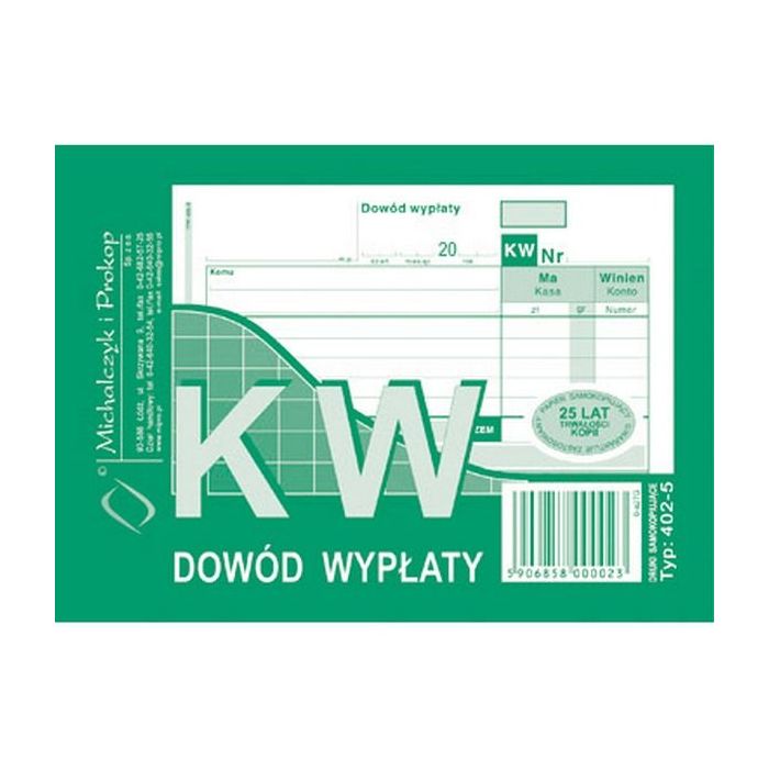 Druk KW dowód wypłaty A6 wielokopia MICHALCZY402-5 80k
