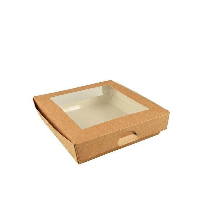Brown salad box 1500ml PURE 190x190x50mm, PLA window, uncoated, 25 pieces