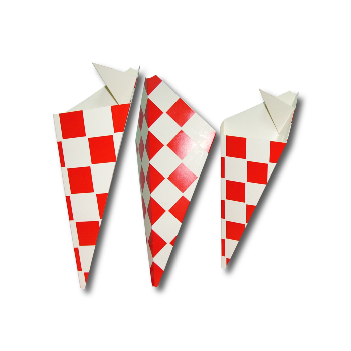 Chip cornet 500g, medium, red grid, with place for dip, 200/290mm, 100 pieces