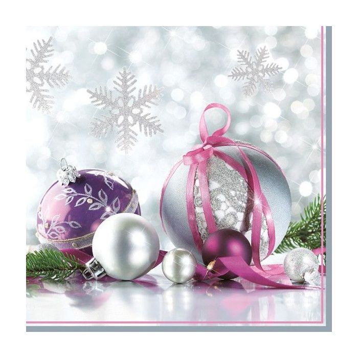 Napkins 33x33 MAKI FESTIVE 0124 01 Silver & Purple Christmas Baubles, 20 pcs