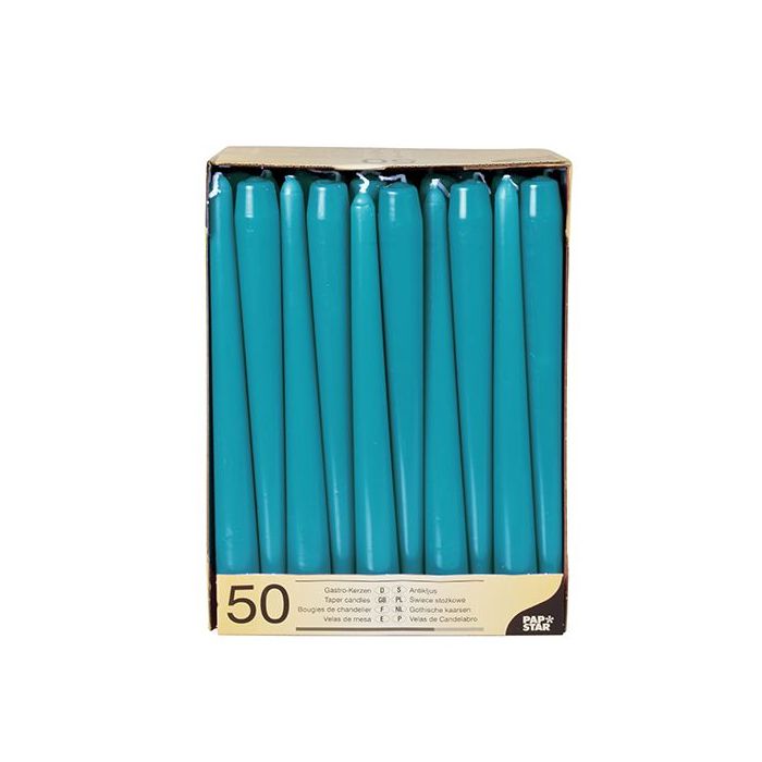 Świece stożkowe 25cm turkusowe średnica 2,2cm op. 50 sztuk