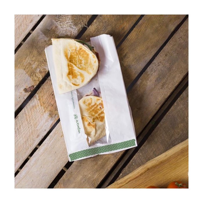 Torba fałdowa biała NatureFlex 150x65x250 VEGWARE do gorących dań, nadruk standard op. 500 sztuk