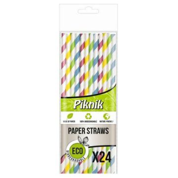PIKNIK słomki papierowe op.24szt mix kolorów, paski (k/100) śr.6mm dł.20cm
