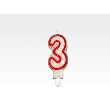 Candle - NUMBER 3", red rim with glitter, price per 1 piece."