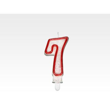 Candle - NUMBER 7", red rim with glitter, price per 1 piece."