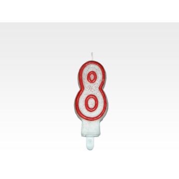 Candle - NUMBER 8", red rim with glitter, price per 1 piece."