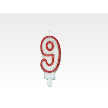 Candle - NUMBER 9", red rim with glitter, price per 1 piece."