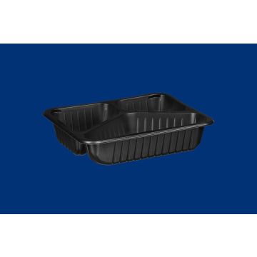 Lunch container welded D-9420R, 3-chamber, black ribbed, 227x178x50, price per pack 40 pcs.