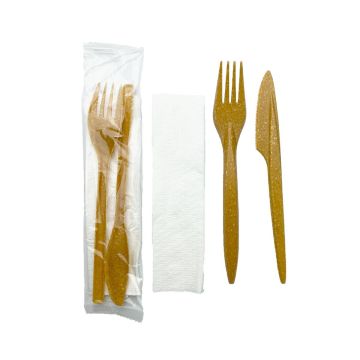 WPC 2 wood fibre op.200pcs fork+knife+service in foil, TnP